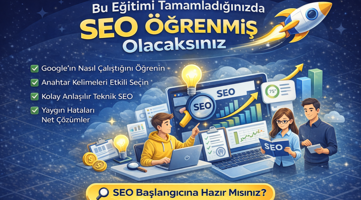 SEO öğrenmek isteyenler için hazırlanmış başlangıç seviye SEO eğitimi görseli